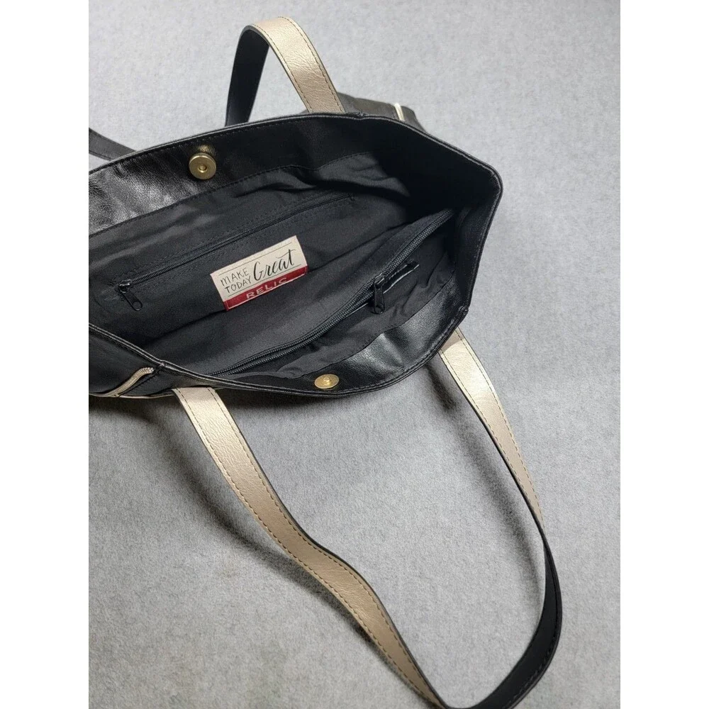 Relic Alexa Leather Black White Stripe Magnetic Double Handles Zip Inner Pockets